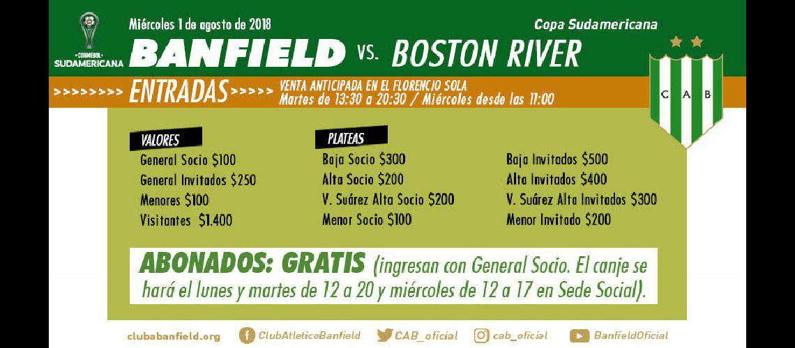 Venta de entradas para Banfield vs Boston River