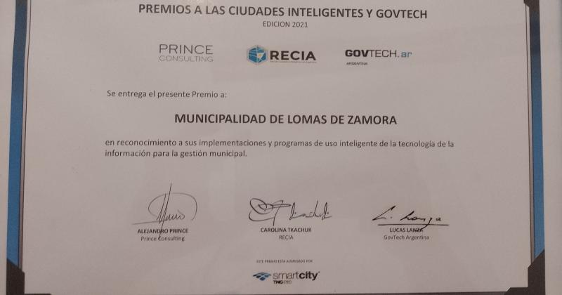 Lomas fue reconocido con el premio Ciudades Inteligentes y GovTech