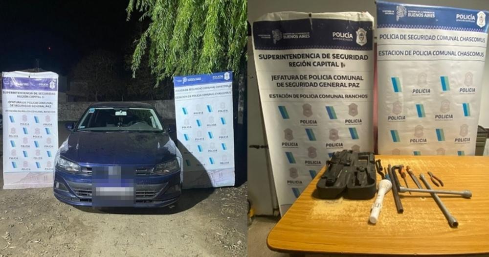 El auto de la pareja y las herramientas que les incautaron