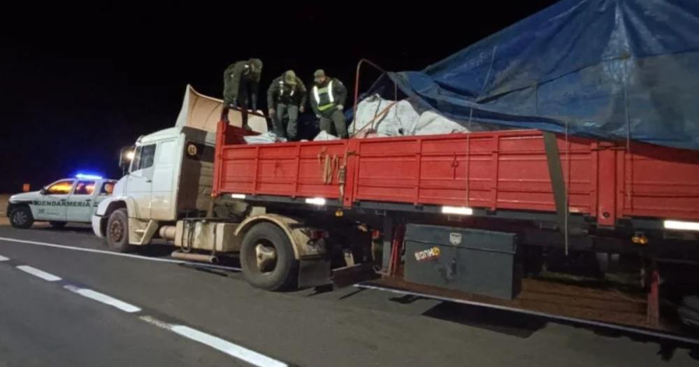 Los gendarmes revisan uno de los camiones