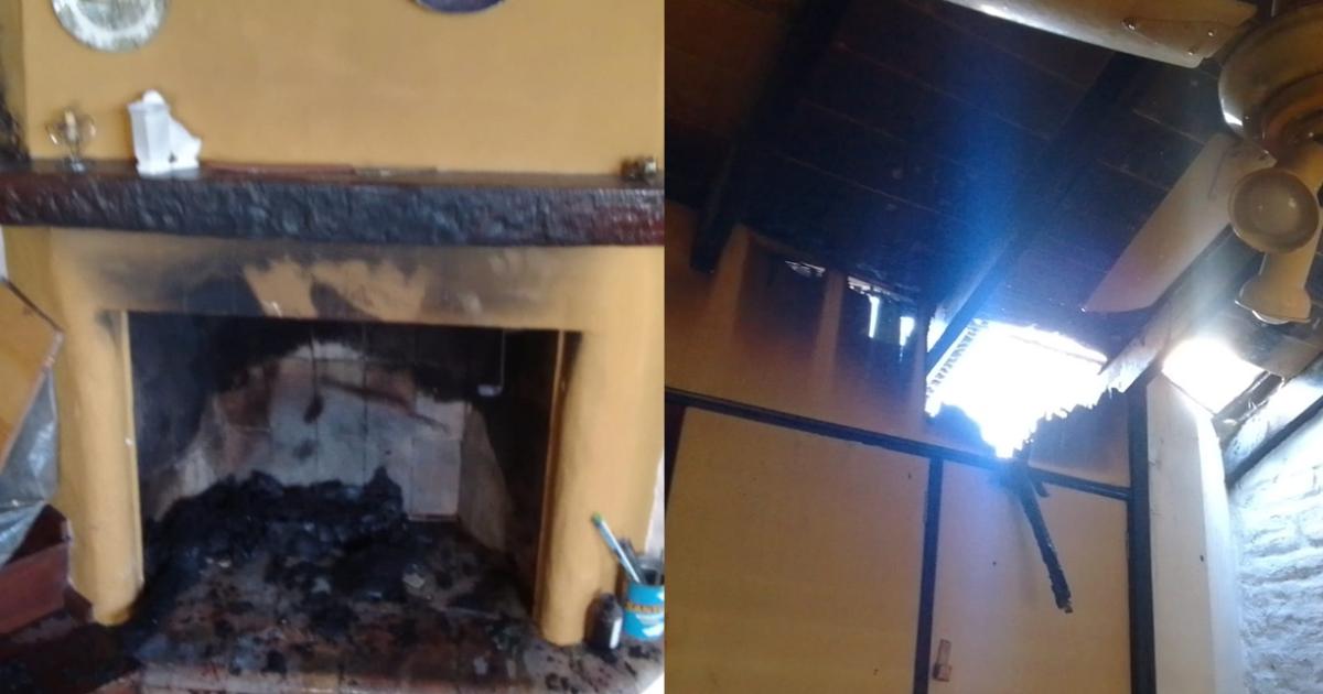 La chimenea donde empezó el incendio y el enorme agujero que quedó en el techo