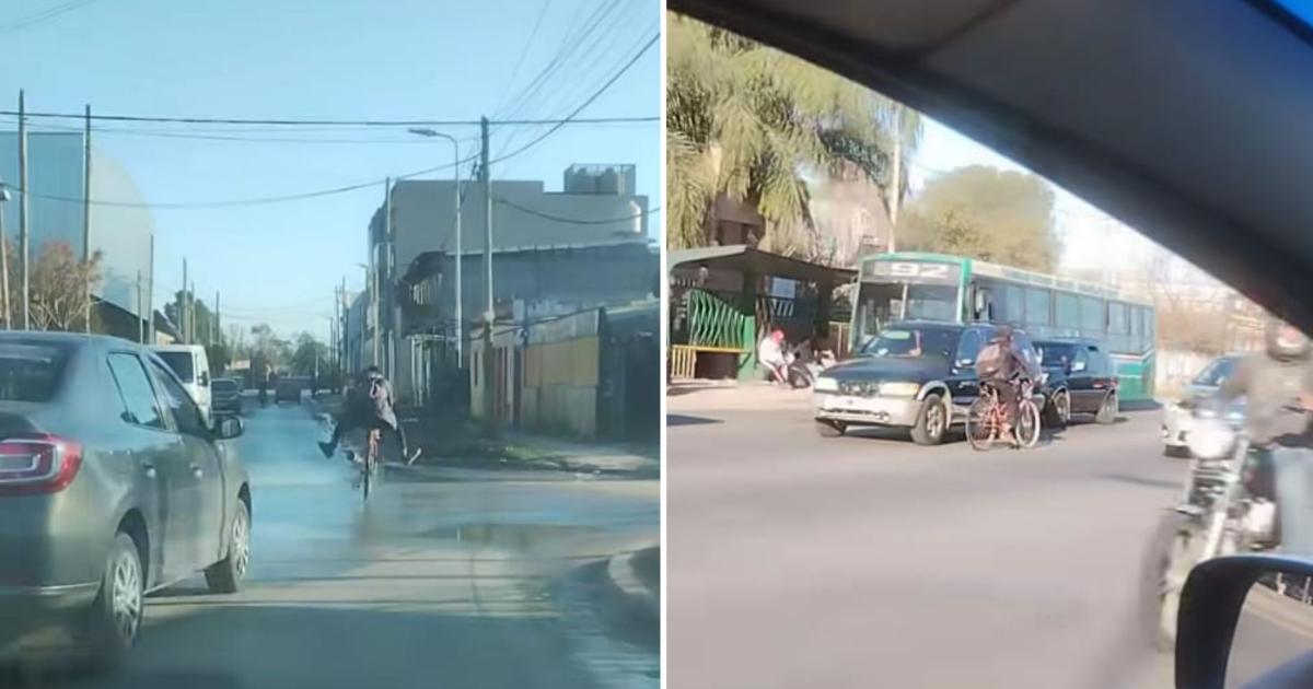 Un peligro- con su bici se metioacute de contramano en una avenida llena de autos